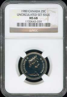 1980 CANADA 25 CENTS NGC NBU MS68 SOLO FINEST GRADED.  