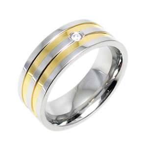   Steel Mens Dual Gold Stripe CZ Comfort Fit Wedding Band Ring Size 8 13