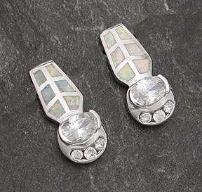 Silver White Opal Inlay Cubic Zirconia Post Earrings  