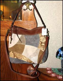 FOSSIL KENYA LARGE Patchwork Gray Brown Leather SHOULDER BAG PURSE $ 
