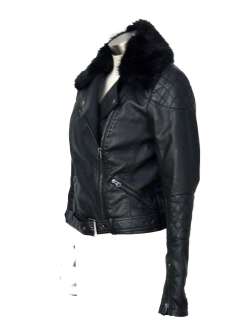 Black Quilted PU Faux Fur Collar Biker Jacket 6 8 10 12 14 16  