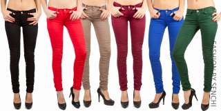 NEW LADIES LOW RISE COLOURED BLUE RED GREEN MOCHA CRINKLE SKINNY JEANS 