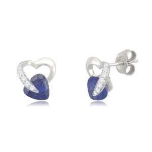 10k White Gold Heart Created Blue Sapphire Diamond Earrings (1/12 cttw 