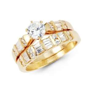  Ladies CZ Yellow Gold Wedding Band Engagement Ring Set 