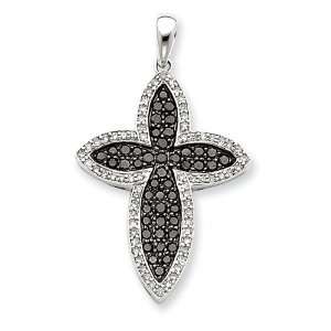    14KW Rhodium Black Diamonds & White Diamond Cross Pendant Jewelry