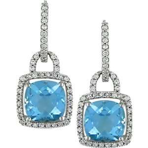  14K White Gold, Diamond and Blue Topaz Drop Earrings, (.5 