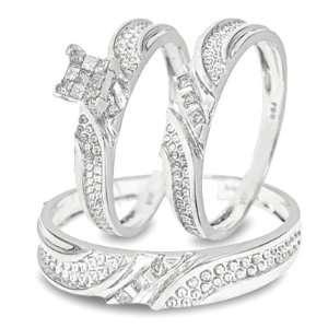 Carat T.W. Round, Princess Cut Diamond His & Hers Trio Matching Ring 