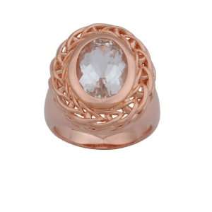 Rose Gold Plated Sterling Silver White Topaz Filigree Oval Ring, Size 