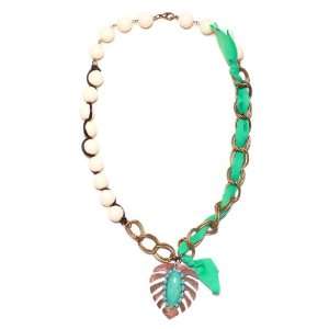 JousJous Green Silk, Bronze Metal and Cream Beads Palm Tree Necklace 