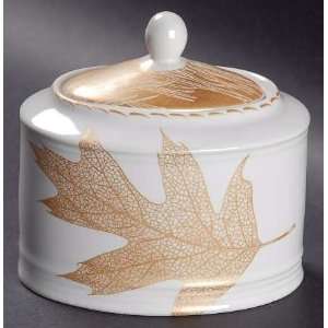  222 Fifth (PTS) Gold Leaves Sugar Bowl & Lid, Fine China Dinnerware 