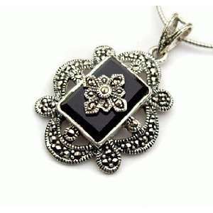 925 Sterling Silver Rectangular Black Onyx Marcasite Pendant