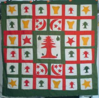 FOLKY 1870s Red, Green & Cheddar Album Applique Quilt  