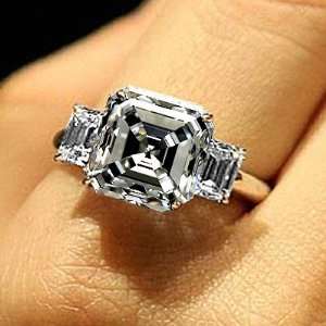  Asscher, Round & Baguette Cut Diamond Three Stone Engagement Ring 