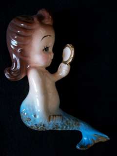   BRADLEY MERMAID GIRL W/MIRROR COMB CERAMIC BABY BLUE WALL PLAQUE