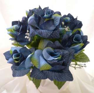   ROSES BLUE Wedding Bridal Bouquet Centerpiece DIY Silk Rose Flowers