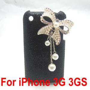 Bling Deluxe Bow BLACK back case cover for iPhone 3G 3GS W04  