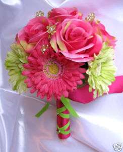 Bridal Bouquet wedding flowers PINK FUCHSIA GREEN DAISY  