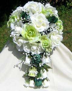 21PC WEDDING FLOWER SILK BRIDAL BOUQUETS GREEN/CREAM  