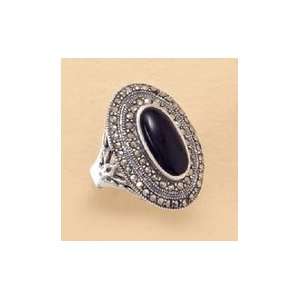   Sterling Silver Ring, Marcasite, 10x20mm Black Onyx, 1 3/16 in wide