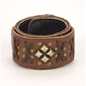  Brown brass stud spike leather bracelet cuff wristband by 
