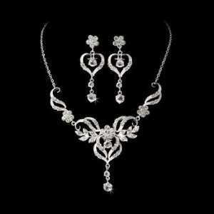   Silver Rhinestone Necklace and Earrings Bridal Set 