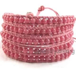 Chan luu natural AA grade Rhodonite 5 wrap bracelet with pink lether 