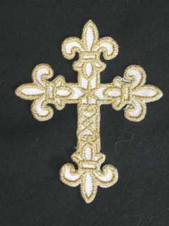 Christian Gold Cross w Fleur Di Lis Iron On Patch 3 In  