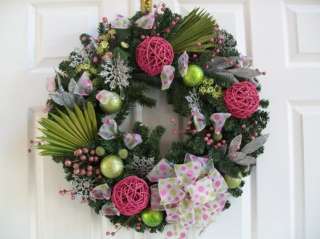 Pretty Pink & Green Christmas Wreath With Silver Accent  