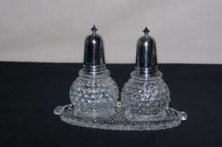 VINTAGE CLEAR HOBNAIL SALT AND PEPPER SHAKERS WITH TRAY  