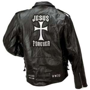   Leather Motorcycle Jacket with Christian Patches 