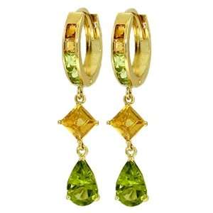  14k Solid Gold Peridot & Citrine Dangle Earrings Jewelry