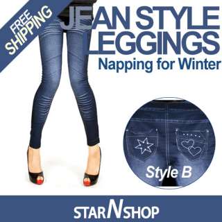 Free Size Women Denim Blue Jean Style Napping Leggings  