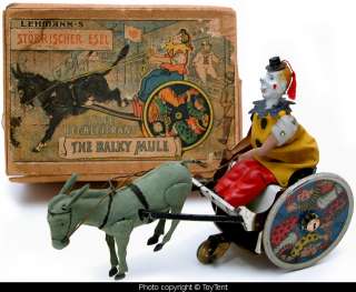   Balky Mule tin wind up clown with cart & donkey   boxed   Germany 1903