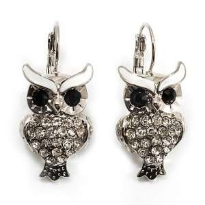  Silver Tone Crystal Owl Drop Earrings Jewelry