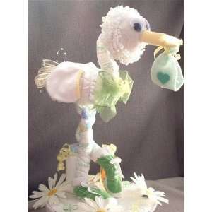 Green DIAPER STORK Baby Shower Gift Centerpiece Boy Girl Diaper Cake 