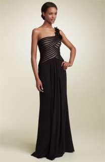 JS Collections One Shoulder Mesh & Jersey Gown  