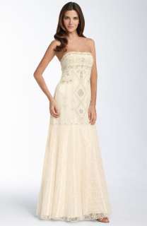 Sue Wong Beaded Strapless Lace Gown  
