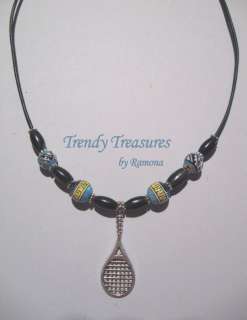 Tennis Racquet Pendant,Cord Necklace,Ceramic,Hippy 
