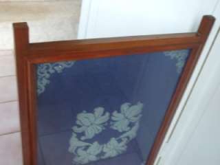 Antique Mahogany color Wooden Fireplace Screen w/ Glass & Lined Blue 