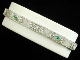 Art Deco Filigree Diamond & Emerald 14 k White Gold Bracelet