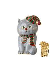 Christmas Jewelry Gray Cat Scarf Hat Gold Tone Holiday Crystal Charm 