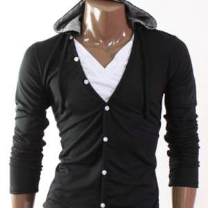 Mens Casual V neck Hoodies T shirts BLACK (D068  