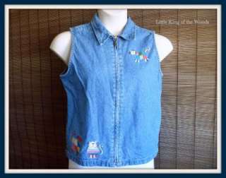 Embroidered CATS Blue DENIM VEST Shirt Top Sz S SMALL Christopher 