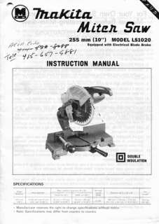 Makita Miter Saw 10 Model LS1020 Owners Manual  