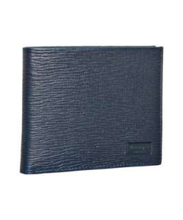 Ferragamo blue textured calfskin bi fold wallet   