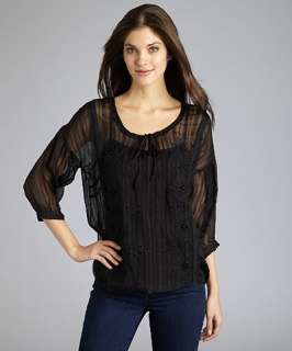 Isabel Lu black embroidered silk three quarter sleeve v neck blouse