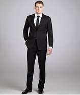 Hickey black worsted wool 2 button suit with flat front pants style 