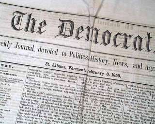 1859 Old Newspaper ST. ALBANS VT Franklin County Vermont Pre Civil War 