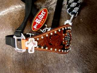 HORSE HALTER BRONC CARVED NYLON NOSE BAND CROSS CLEAR CRYSTALS RODEO 