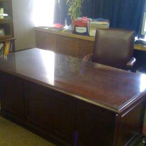 Kimball Large Office Desk W Cherry Veneer Round And Two Chairs.  